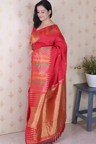 Red soft silk floral meenakari zari weaving saree with matching blouse piece