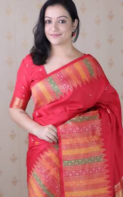 Red soft silk floral meenakari zari weaving saree with matching blouse piece 5