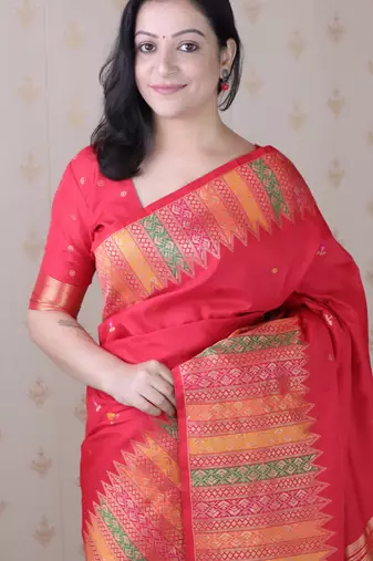 Red soft silk floral meenakari zari weaving saree with matching blouse piece