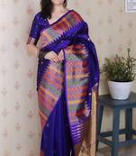 Blue soft silk floral meenakari zari weaving saree with matching blouse piece