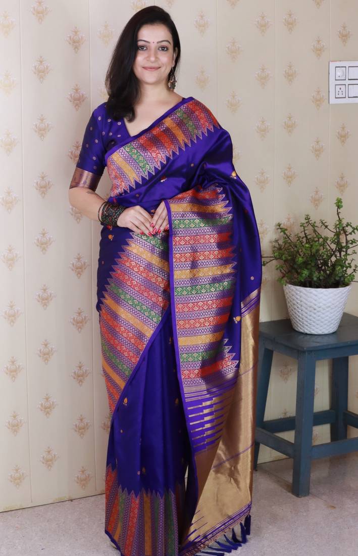 Blue soft silk floral meenakari zari weaving saree with matching blouse piece