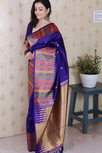 Blue soft silk floral meenakari zari weaving saree with matching blouse piece
