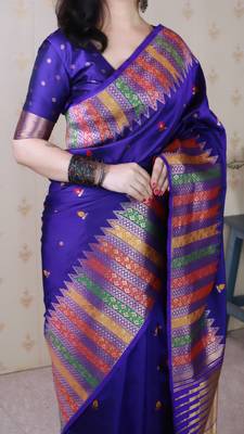 Blue soft silk floral meenakari zari weaving saree with matching blouse piece 4