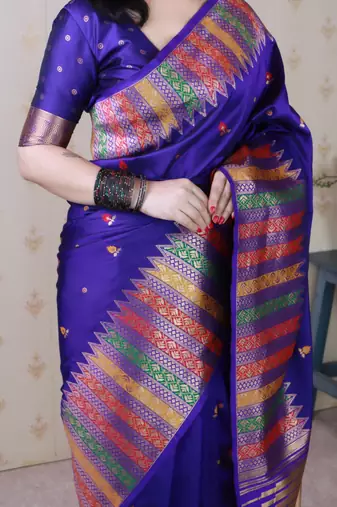 Blue soft silk floral meenakari zari weaving saree with matching blouse piece