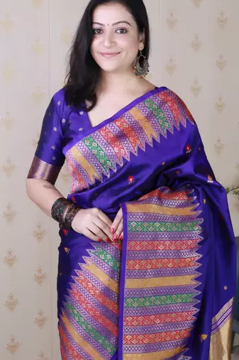 Blue soft silk floral meenakari zari weaving saree with matching blouse piece