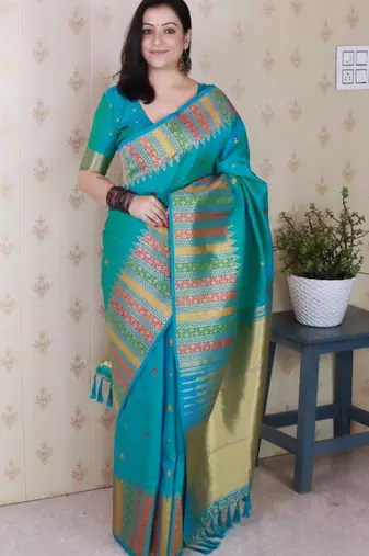 Blue soft silk floral meenakari zari weaving saree with matching blouse piece