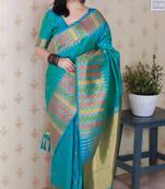 Blue soft silk floral meenakari zari weaving saree with matching blouse piece