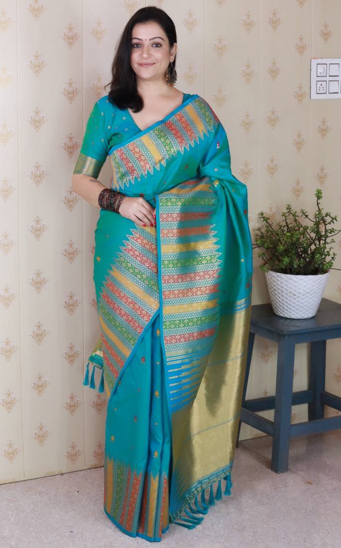 Blue soft silk floral meenakari zari weaving saree with matching blouse piece