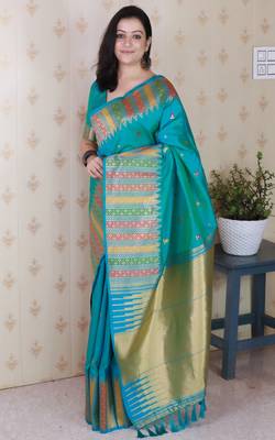 Blue soft silk floral meenakari zari weaving saree with matching blouse piece 3
