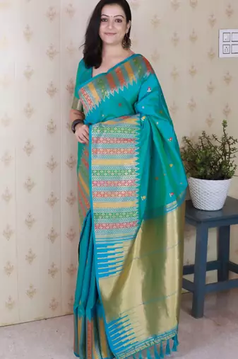 Blue soft silk floral meenakari zari weaving saree with matching blouse piece