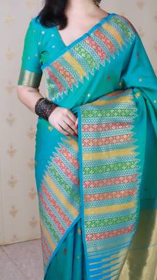 Blue soft silk floral meenakari zari weaving saree with matching blouse piece 4