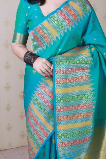 Blue soft silk floral meenakari zari weaving saree with matching blouse piece