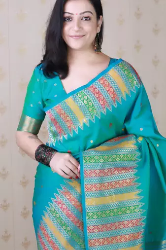 Blue soft silk floral meenakari zari weaving saree with matching blouse piece
