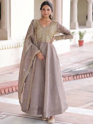 Outstanding Grey Zari Work Crushed Marriage Wear Gown With Dupatta 1