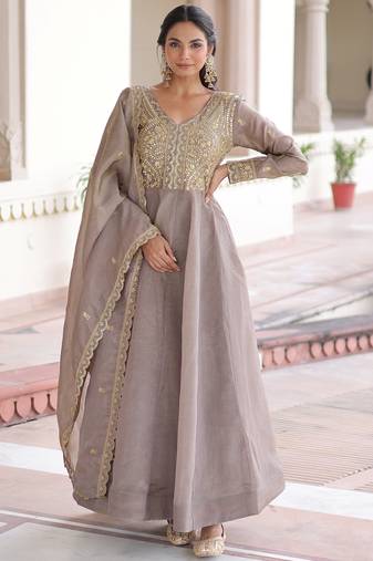 Outstanding Grey Zari Work Crushed Marriage Wear Gown With Dupatta