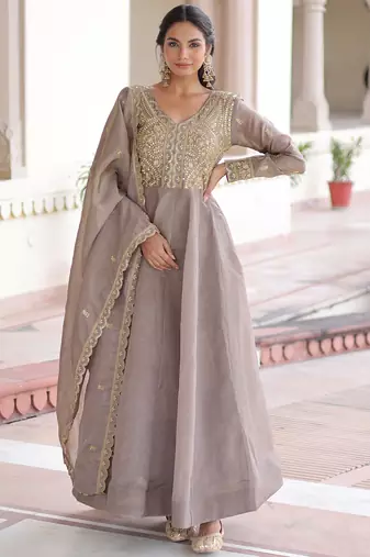 Outstanding Grey Zari Work Crushed Marriage Wear Gown With Dupatta