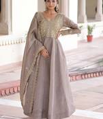 Outstanding Grey Zari Work Crushed Marriage Wear Gown With Dupatta
