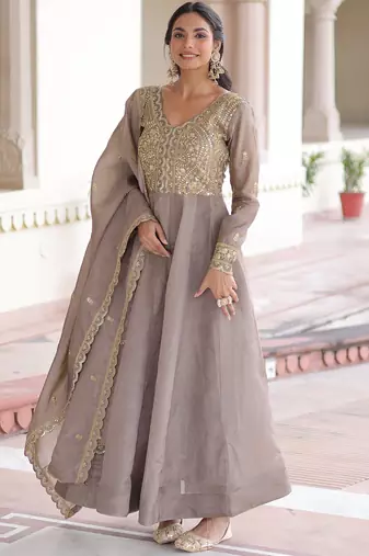 Outstanding Grey Zari Work Crushed Marriage Wear Gown With Dupatta