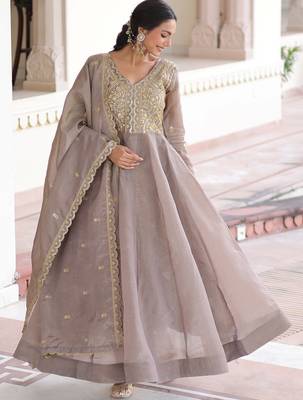 Outstanding Grey Zari Work Crushed Marriage Wear Gown With Dupatta 4