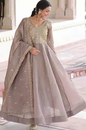 Outstanding Grey Zari Work Crushed Marriage Wear Gown With Dupatta