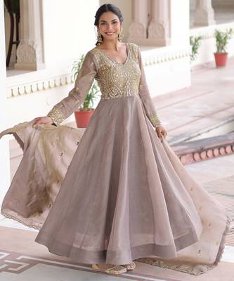 Outstanding Grey Zari Work Crushed Marriage Wear Gown With Dupatta 5