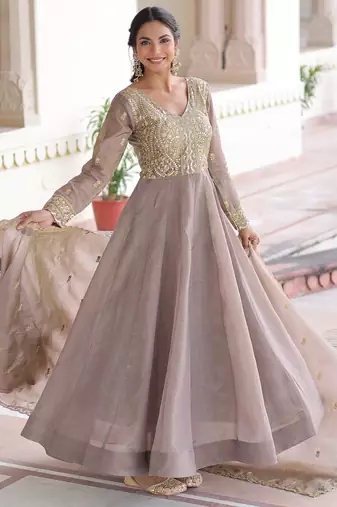 Outstanding Grey Zari Work Crushed Marriage Wear Gown With Dupatta