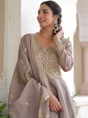 Outstanding Grey Zari Work Crushed Marriage Wear Gown With Dupatta 6