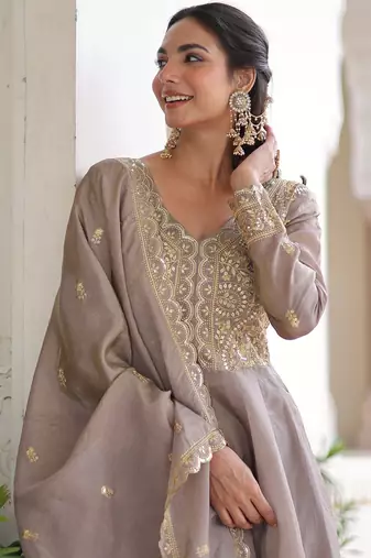 Outstanding Grey Zari Work Crushed Marriage Wear Gown With Dupatta