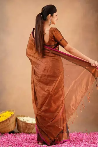Golden fancy cotton handloom saree with blouse piece for women