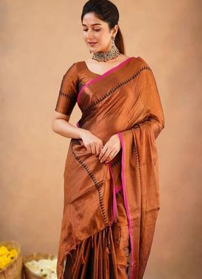 Golden fancy cotton handloom saree with blouse piece for women 3
