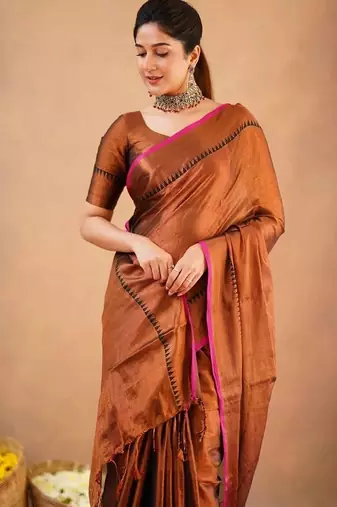 Golden fancy cotton handloom saree with blouse piece for women