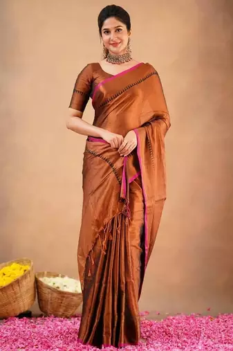 Golden fancy cotton handloom saree with blouse piece for women