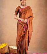 Golden fancy cotton handloom saree with blouse piece for women