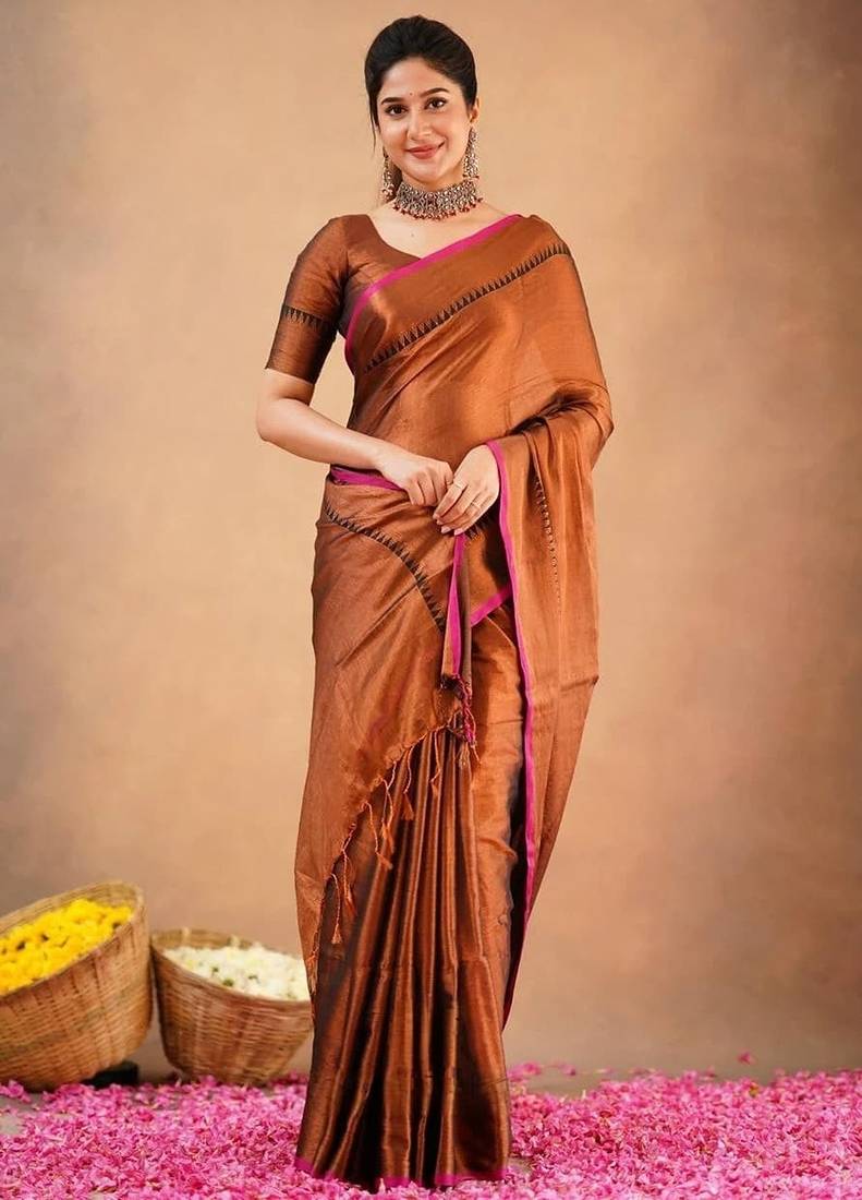 Golden fancy cotton handloom saree with blouse piece for women