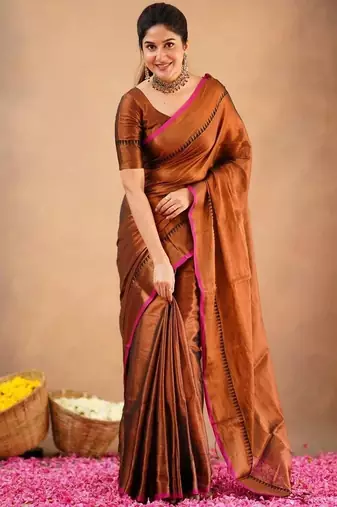 Golden fancy cotton handloom saree with blouse piece for women