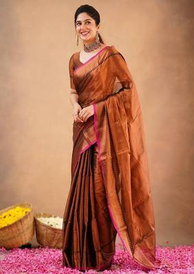 Golden fancy cotton handloom saree with blouse piece for women 5