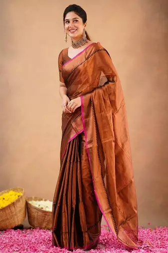 Golden fancy cotton handloom saree with blouse piece for women