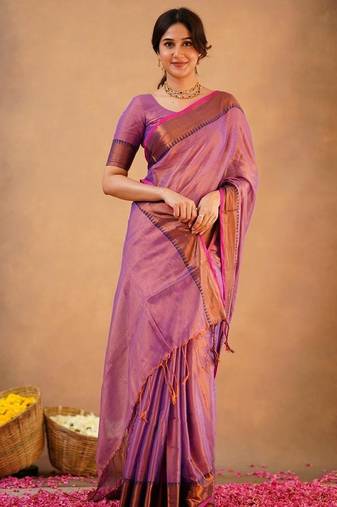 Purple fancy cotton handloom saree with blouse piece for women