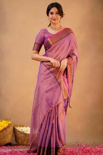 Purple fancy cotton handloom saree with blouse piece for women