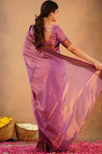 Purple fancy cotton handloom saree with blouse piece for women