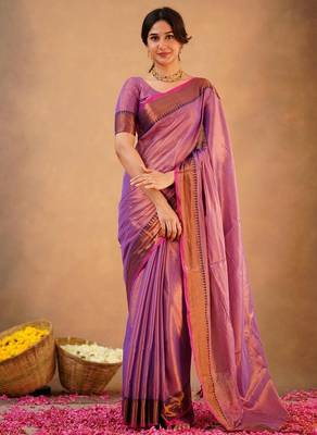 Purple fancy cotton handloom saree with blouse piece for women 4