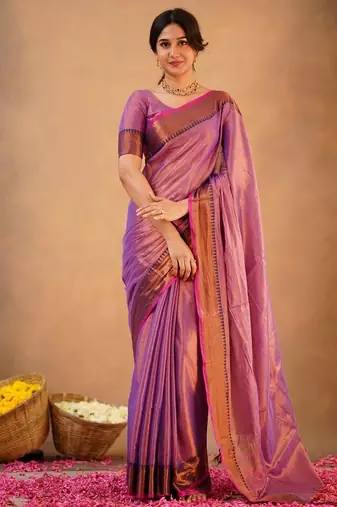Purple fancy cotton handloom saree with blouse piece for women