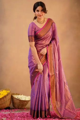 Purple fancy cotton handloom saree with blouse piece for women