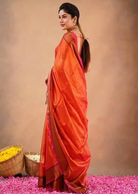 Orange fancy cotton handloom saree with blouse piece for women 2