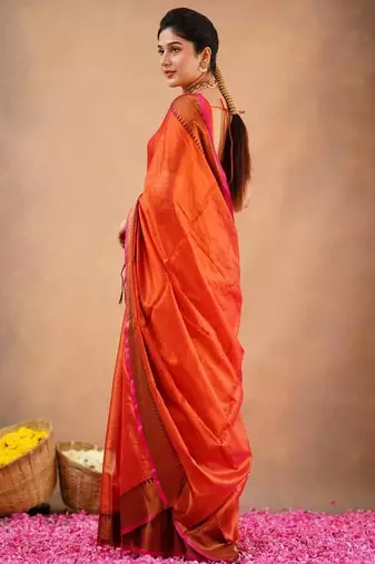 Orange fancy cotton handloom saree with blouse piece for women