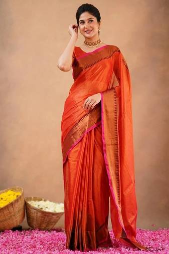 Orange fancy cotton handloom saree with blouse piece for women