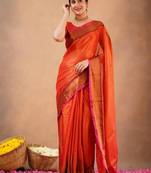Orange fancy cotton handloom saree with blouse piece for women