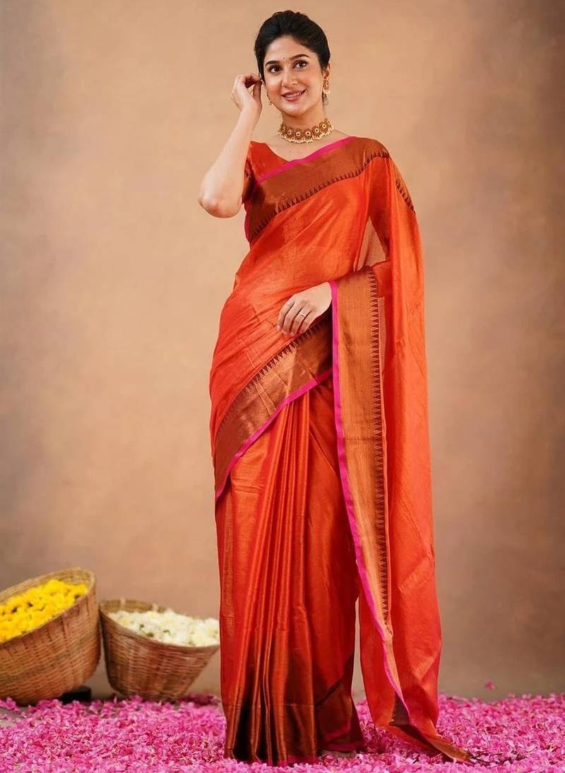 Orange fancy cotton handloom saree with blouse piece for women