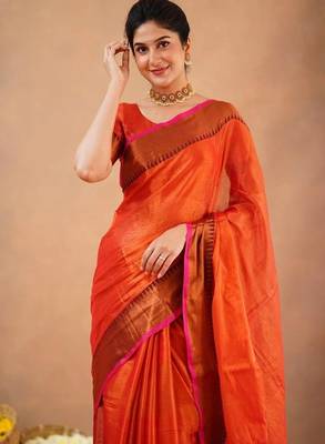 Orange fancy cotton handloom saree with blouse piece for women 3