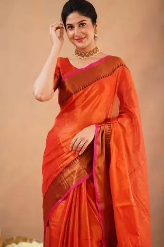 Orange fancy cotton handloom saree with blouse piece for women
